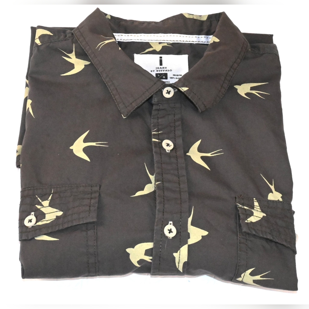 I Jeans by Buffalo Morgan Men's Large Button DownBrown Bird Pattern Shirt